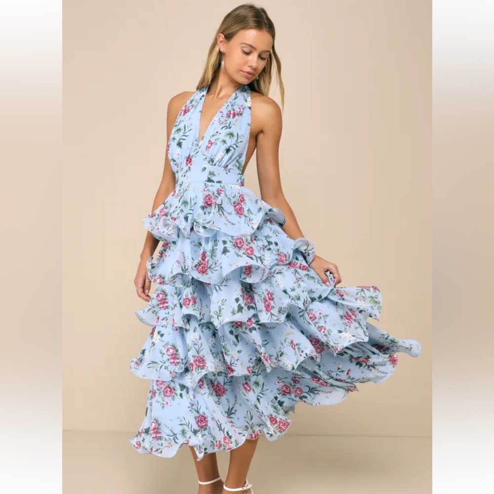 Lulu's Blue Floral Ruffle Halter Midi Dress